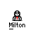 Pixelated character with white face, black hair, red tie, and gray body under various speech bubbles on gray background.