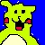 Pixelated green creature with red cheeks and black eyes, mouth open in a smile against blue background with white speckles.