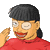 Pixelated cartoon character with black hair and red shirt, showing eye movement from closed to open