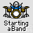 Pixel art of a drummer with blue shirt and white helmet playing drums, text 'Starting a Band' below each frame.