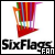 Pixelated icon shows a red and orange flag-like shape with vertical rainbow stripes, below which is bold black text reading 'SixFlags' and smaller 'FAN' in the corner.