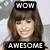 A static image of a person with brown hair and bangs, wearing a black top, with 'WOW' text above the head and 'AWESOME' text across the chest.