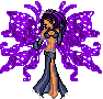 Pixel art avatar of a female figure with purple hair and wings, wearing a dark blue outfit, standing against a gray background.