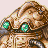 Pixelated image of a brown armored figure with glowing green eyes and metallic details on chest armor.