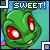 Animated contact sheet of a green cartoon character with red eyes and pink accents, displaying eight sequential frames showing subtle facial expression changes while the text "SWEET!" appears above each frame.