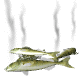 Animated sequence of fish-shaped objects with steam rising, each frame showing identical static poses against a white background.