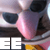 Pixelated close-up of a character with large dark eyes, pink nose, and yellow lower face against white background.