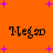 Orange background with purple plus signs and four instances of the text 'Megad' in brown pixelated font arranged in a