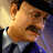 A pixelated close-up of a light brown animal face with closed eyes, wearing a white collar and dark blue garment against a dark background.