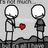 Two stick figures stand on a gray platform; one offers a red pixelated heart to the other against a light gray background.