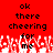 Red background with black pixelated text reading "ok there cheering for me" and white pixelated hand-like shapes at the bottom.