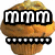 A pixelated muffin with text overlays showing sequential changes in text and dots.