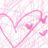 A static contact sheet of a 3x3 grid showing repeated pink heart outlines with small hearts and birds, overlaid with pixelated text phrases on a white background.