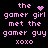 Pixelated pink text on black background reads 'the gamer girl met the gamer guy xoxo' with a heart symbol replacing 'the' in one frame and a starburst replacing it in another.