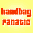 Yellow background with six handbag icons arranged in three , red text 'handbag fanatic' on left
