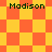Four identical pixelated 'Madison' text labels appear over a yellow and orange checkered background with diamond-shaped patterns.
