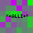 Pixelated of green, purple, and gray squares with four identical text labels reading "×+ALLI+×" in black pixel font
