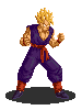 Pixel art character with spiky blonde hair in fighting stance, wearing dark purple outfit with red belt and boots, standing on dark circular shadow against gray background.