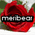 A red rose with green leaves and white flowers in the background, overlaid with text reading 'meribear' on a black bar.