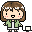 Pixel art character with brown hair and green jacket holding a white object, shown in two sequential poses.
