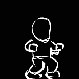 White line-drawn cartoon figure in various poses on black background, including standing, walking, running, kicking, and bending.