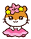Pixelated cartoon hamster with orange-brown head, white face, and pink dress; two yellow stars and a pink bow on its head.