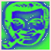 A green and blue pixelated image of a smiling face with a pipe, transitioning to a swirling pattern with concentric circles.