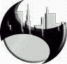 Animated sequence of a stylized cityscape within a crescent shape, alternating between light and dark tones