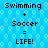 Pixelated blue background with repeating light blue hexagonal patterns and dark blue text reading "Swimming + Soccer = LIFE!" in four identical