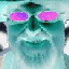 A pixelated face with teal skin wears sunglasses that shift from pink to green lenses across frames.