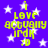 Yellow pixelated text on a purple background with white stars, displaying "I love actually IDK :D" in four repeated sections.