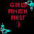 Pixelated red text 'GIRLS FINISH FIRST :)' with cyan square patterns on black background, animated cyan squares shift position across frames.