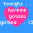 Four identical pink heart-shaped icons with white text on a blue background, each displaying 'luveee youuu' inside the hearts and 'towqhx . .' above them.