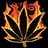 A pixelated icon featuring a symmetrical design with orange and yellow floral elements against a dark background.