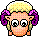Pixel art avatar with blonde hair and purple curls, showing two expressions: open eyes and closed eyes.