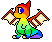 Pixelated dragon-like creature with rainbow gradient body, red spiky head crest, and orange-yellow face holding two glowing white orbs on red-and-black checkered poles.