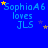 Blue background with repeated text "SophiaA6 loves JLS" and scattered yellow and purple stars.