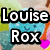 A pixelated image shows a blue round character with a smiling face, pink hearts, and green shapes in the background, with text reading "Louise Rox" in bold white letters.