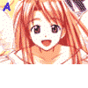 Pixelated anime-style character with orange hair and white top, showing mouth open in a smile across four views with changing blue text above head.