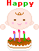 A 3x2 grid of pixel art frames showing a baby character with a birthday cake, displaying different expressions and text across the animation.