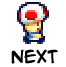 Pixelated character with red-and-white mushroom cap, blue shirt, and dark pants stands against gray background with 'NEXT' text below.