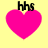 Four identical pink heart shapes with black text 'hhs' above each, displayed on a yellow background.