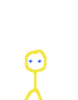 Yellow stick figure with blue limbs and facial features appears in sequence with speech bubbles containing text and blue text below.
