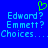 Blue background with light blue pixelated text reading 'Edward? Emmett? Choices...' and a green heart symbol above the left text block.