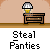 Pixel art animation of a character stealing pants from a desk, with text "Steal Panties" below each frame and a speech bubble saying "SSSHH!" in one frame.