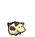 Pixelated cartoon animal with purple patches on yellow body, pink nose, and red eyes in three poses: side view, front view with open mouth, and standing upright wearing black suit.