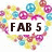Pixelated icon with 'FAB 5' text in dark brown on white background, surrounded by colorful pixel clusters.