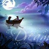 Pixelated night scene with two figures in a rowboat on calm water under a large moon, purple clouds, and dark silhouetted trees.