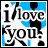 Pixelated static icon with blue and black text on white background reading "i love you!" in a stylized font, featuring partial pixelation artifacts around the letters.