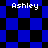 Pixelated blue and black checkered pattern with four instances of the text "Ashley" in white pixel font across different sections.